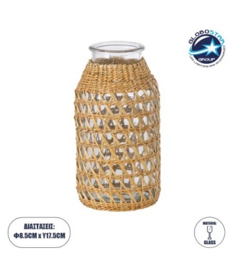 GloboStar® MANDY 35627 Διακοσμητικό Βάζο Γυάλινο Διάφανο με Μπαμπού Φ8.5 x Υ17.5cm